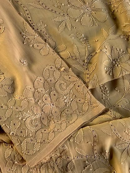 Beige Viscose Georgette Chikankari Ready to Wear Kurta