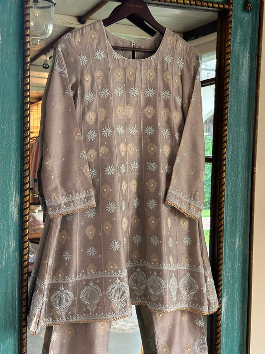 Beige Zari Chanderi Chikankari Co-Ord Set