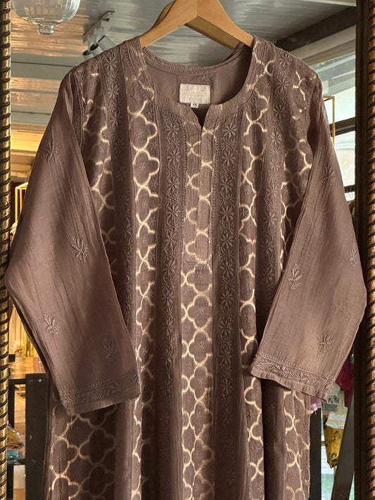 Brown Shade Zari Chanderi Chikankari Ready to Wear Tunics