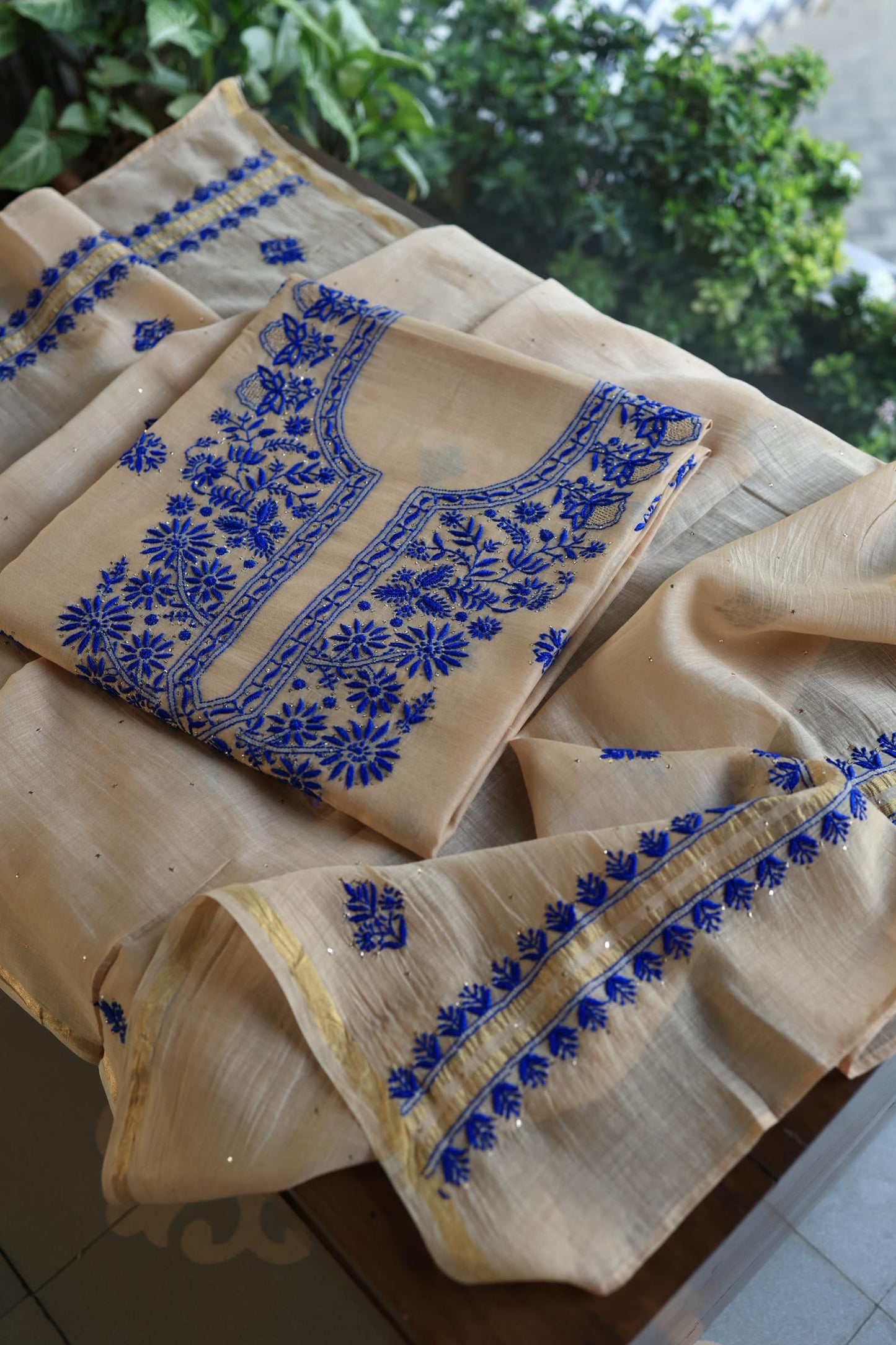 Beige & Blue Mal Cotton Chikankari Unstitched Kurta Dupatta Fabrics With Kamdani