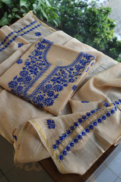 Beige & Blue Mal Cotton Chikankari Unstitched Kurta Dupatta Fabrics With Kamdani
