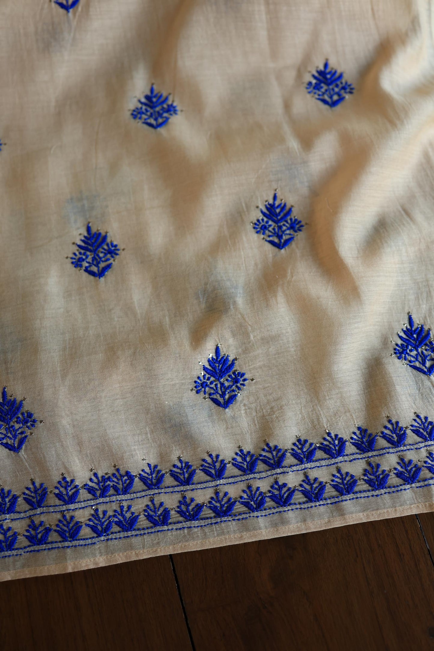 Beige & Blue Mal Cotton Chikankari Unstitched Kurta Dupatta Fabrics With Kamdani