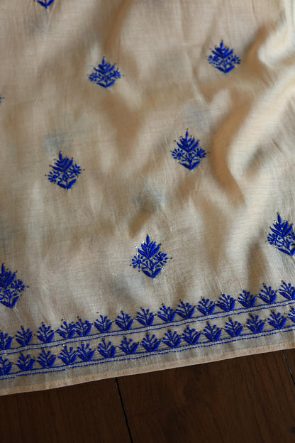 Beige & Blue Mal Cotton Chikankari Unstitched Kurta Dupatta Fabrics With Kamdani