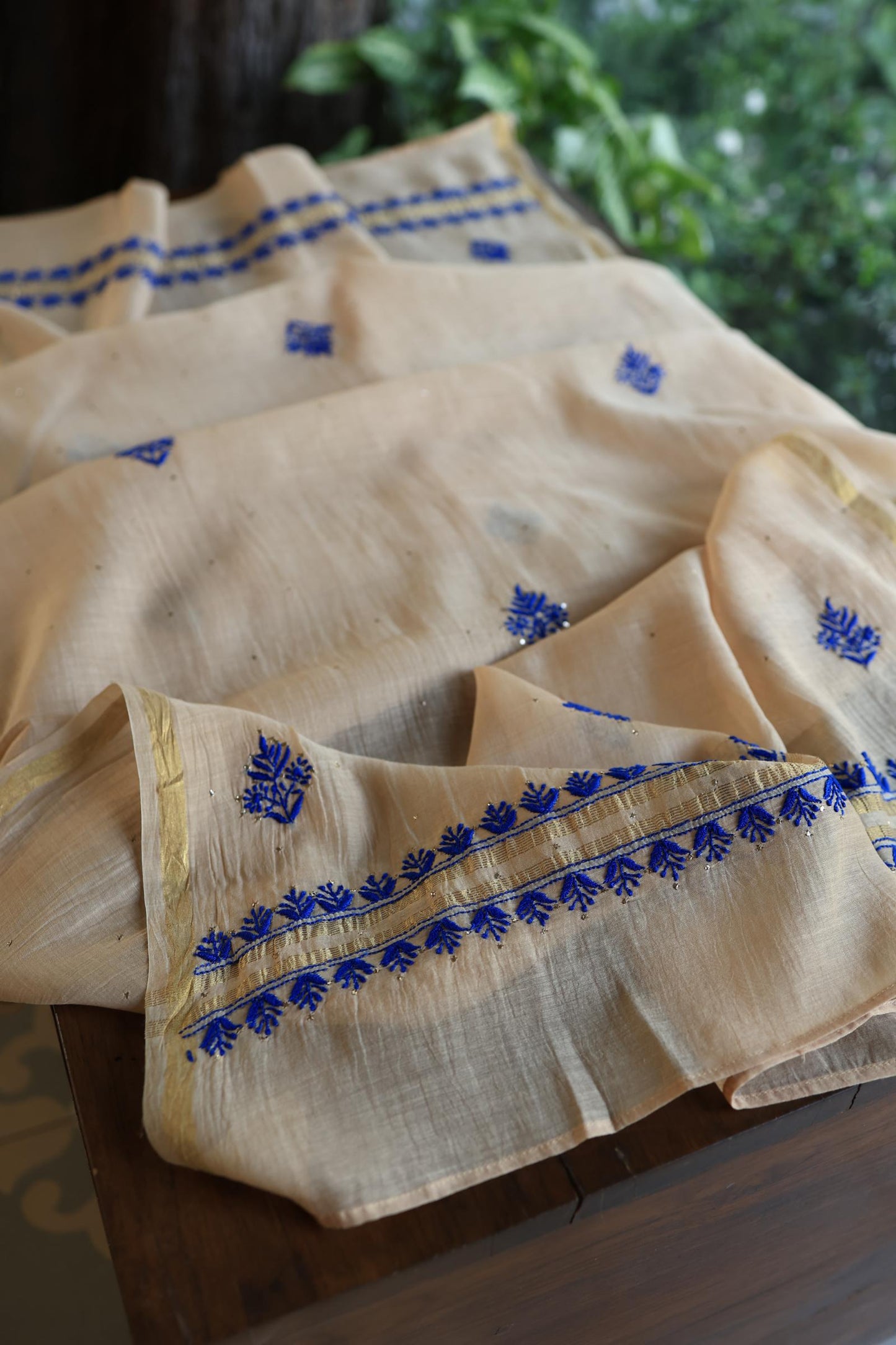 Beige & Blue Mal Cotton Chikankari Unstitched Kurta Dupatta Fabrics With Kamdani