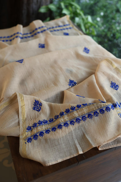 Beige & Blue Mal Cotton Chikankari Unstitched Kurta Dupatta Fabrics With Kamdani