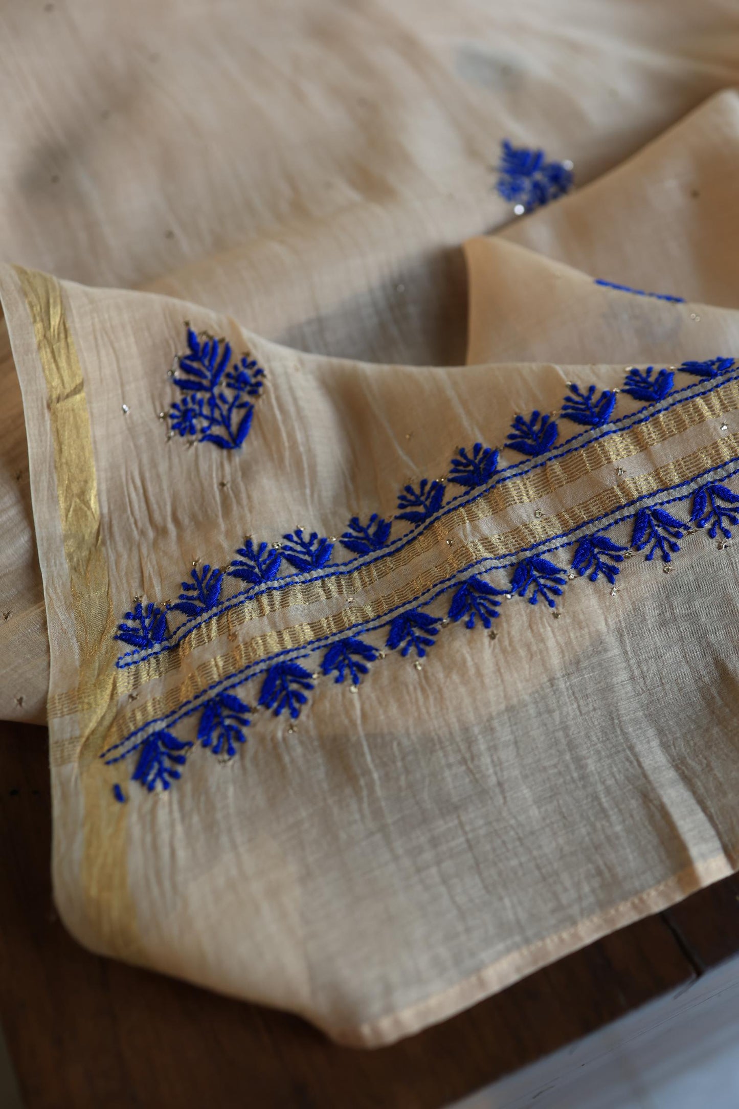 Beige & Blue Mal Cotton Chikankari Unstitched Kurta Dupatta Fabrics With Kamdani