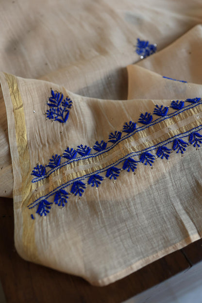 Beige & Blue Mal Cotton Chikankari Unstitched Kurta Dupatta Fabrics With Kamdani