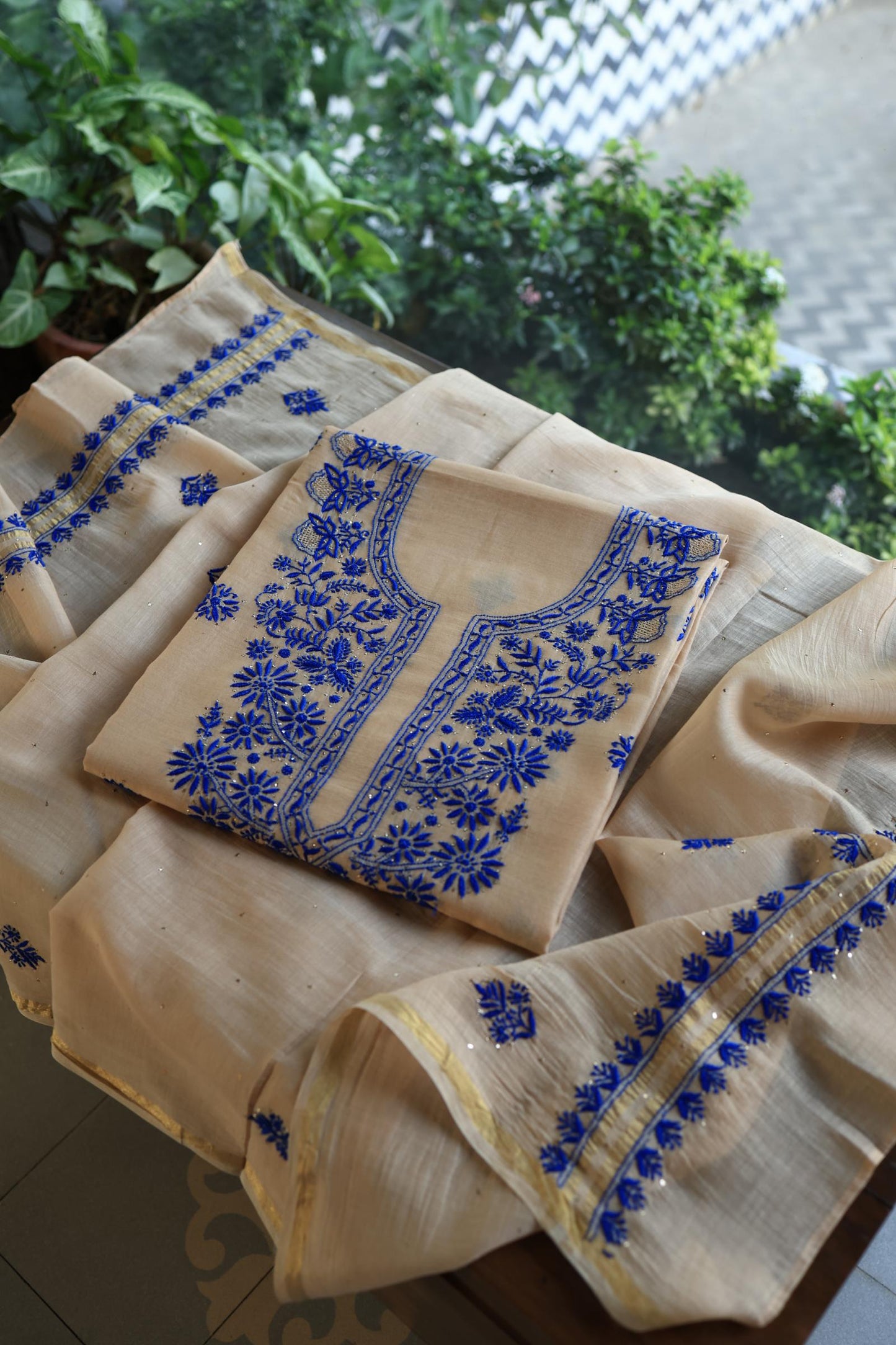 Beige & Blue Mal Cotton Chikankari Unstitched Kurta Dupatta Fabrics With Kamdani