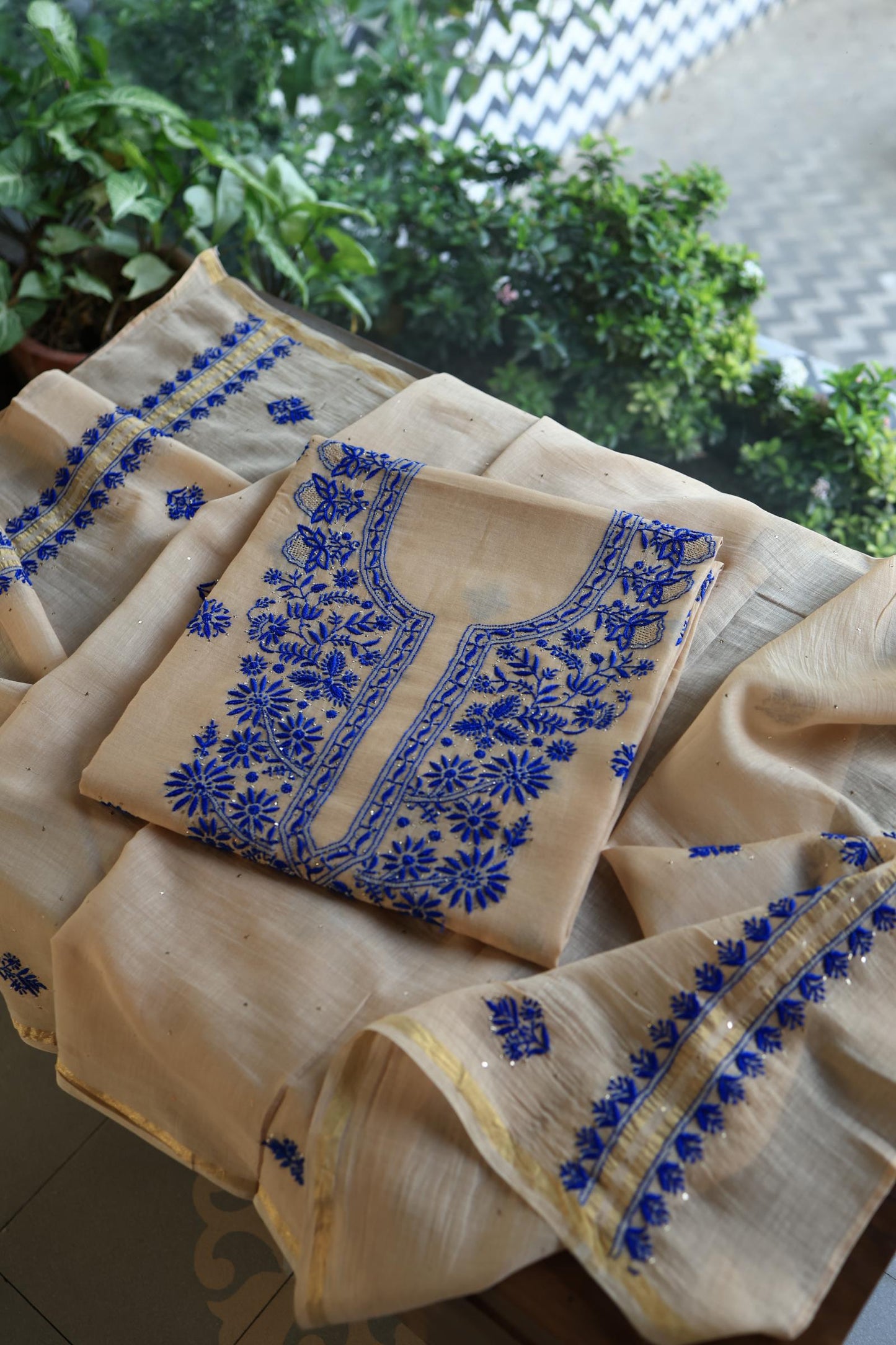 Beige & Blue Mal Cotton Chikankari Unstitched Kurta Dupatta Fabrics With Kamdani
