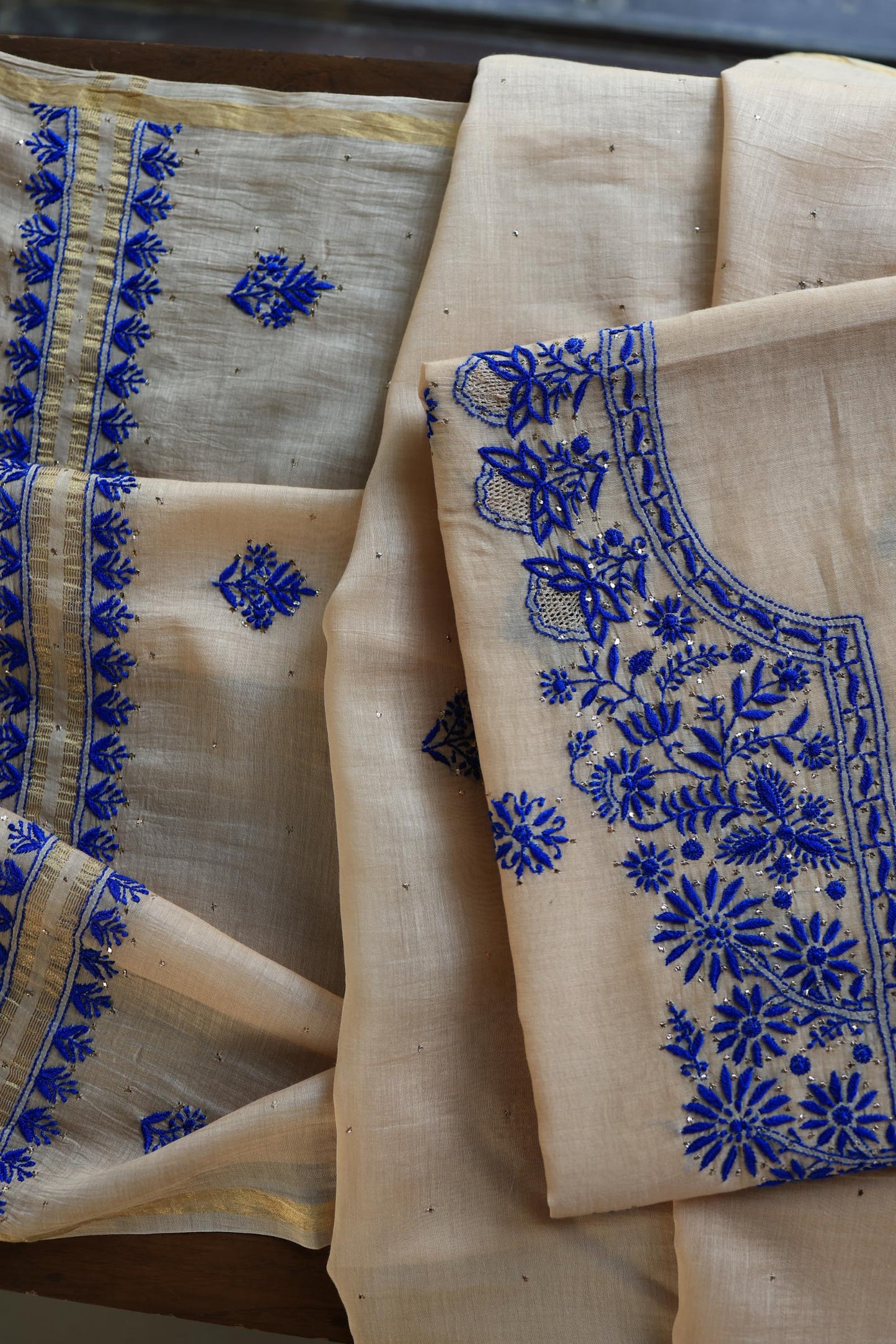 Beige & Blue Mal Cotton Chikankari Unstitched Kurta Dupatta Fabrics With Kamdani