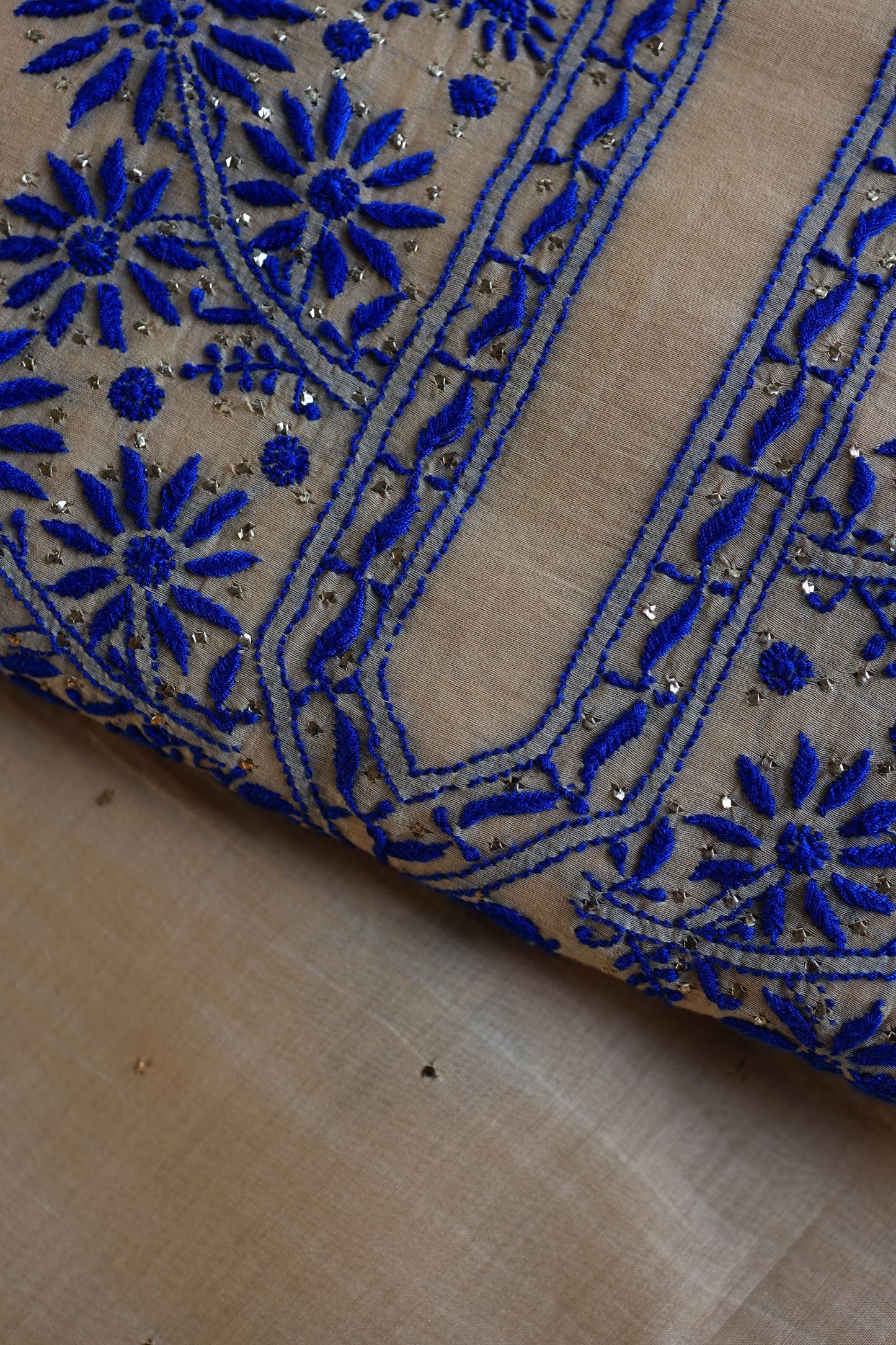 Beige & Blue Mal Cotton Chikankari Unstitched Kurta Dupatta Fabrics With Kamdani