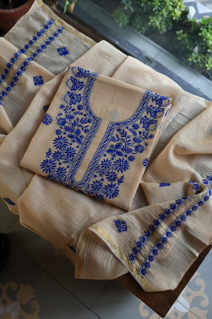 Beige & Blue Mal Cotton Chikankari Unstitched Kurta Dupatta Fabrics With Kamdani