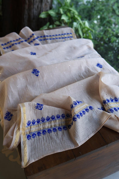 Beige & Blue Mal Cotton Chikankari Unstitched Kurta Dupatta Fabrics With Kamdani