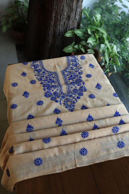 Beige & Blue Mal Cotton Chikankari Unstitched Kurta Dupatta Fabrics With Kamdani