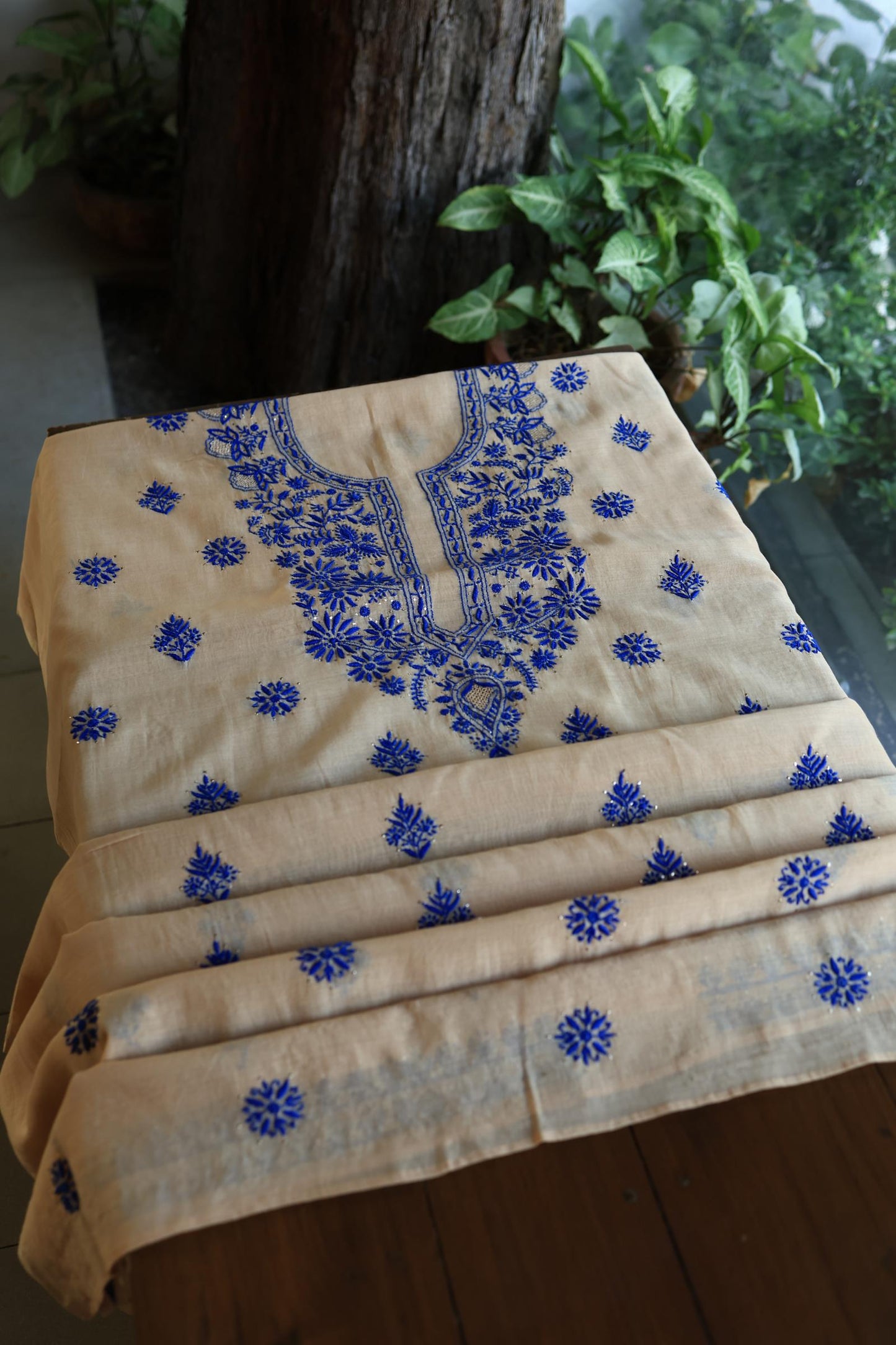 Beige & Blue Mal Cotton Chikankari Unstitched Kurta Dupatta Fabrics With Kamdani
