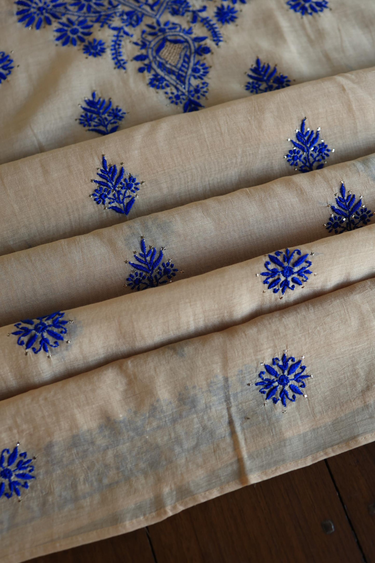 Beige & Blue Mal Cotton Chikankari Unstitched Kurta Dupatta Fabrics With Kamdani