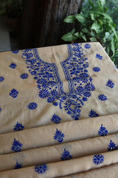 Beige & Blue Mal Cotton Chikankari Unstitched Kurta Dupatta Fabrics With Kamdani