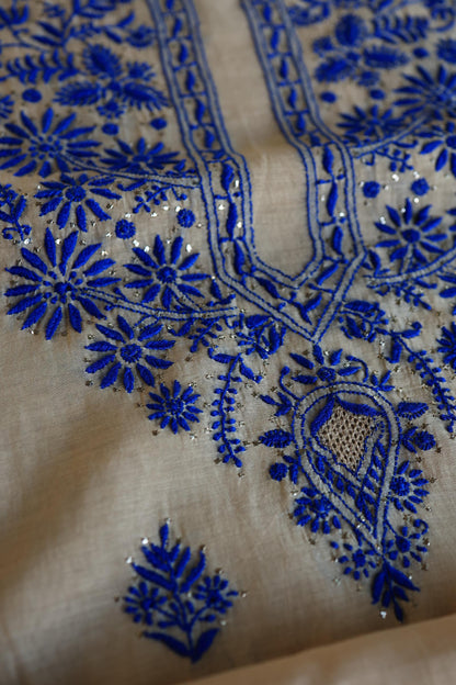 Beige & Blue Mal Cotton Chikankari Unstitched Kurta Dupatta Fabrics With Kamdani