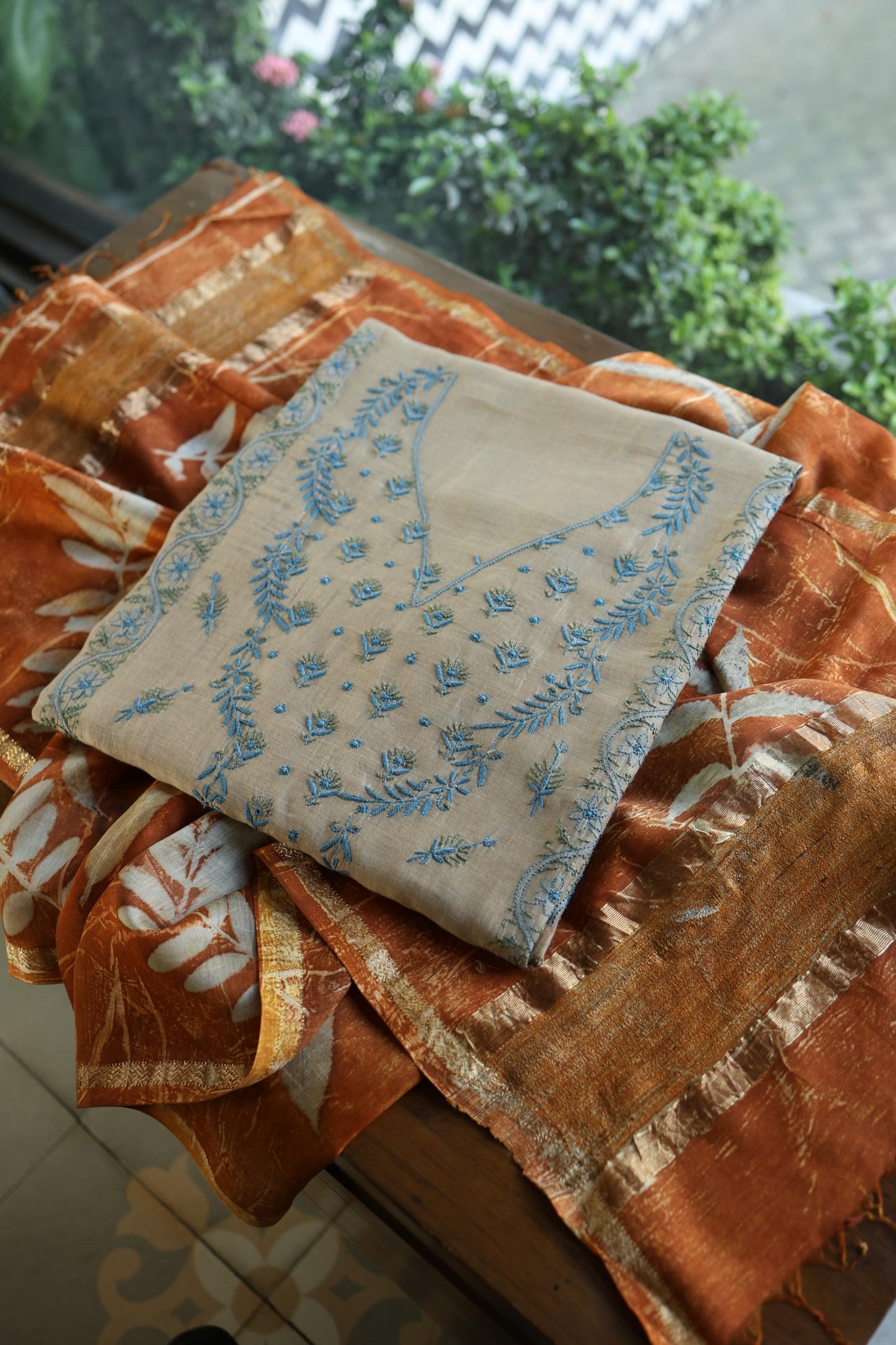 Beige & Blue Mul Chanderi Silk Kalamkari Unstitched Kurta Dupatta Set