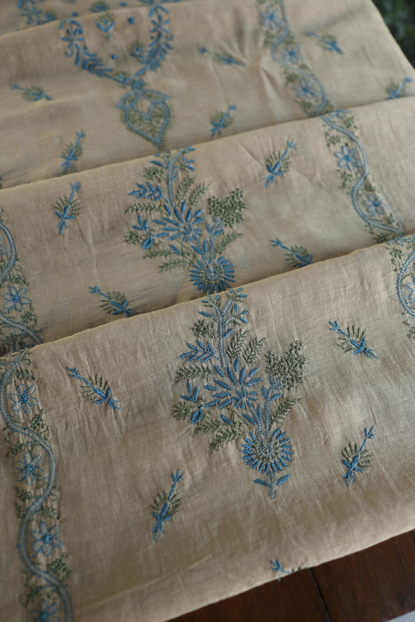 Beige & Blue Mul Chanderi Silk Kalamkari Unstitched Kurta Dupatta Set