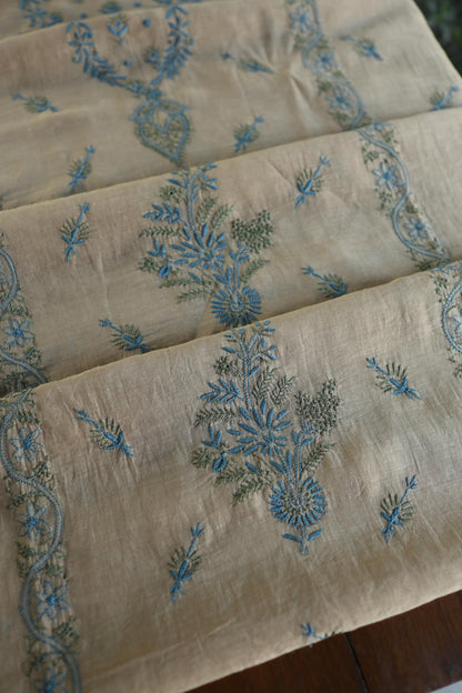 Beige & Blue Mul Chanderi Silk Kalamkari Unstitched Kurta Dupatta Set