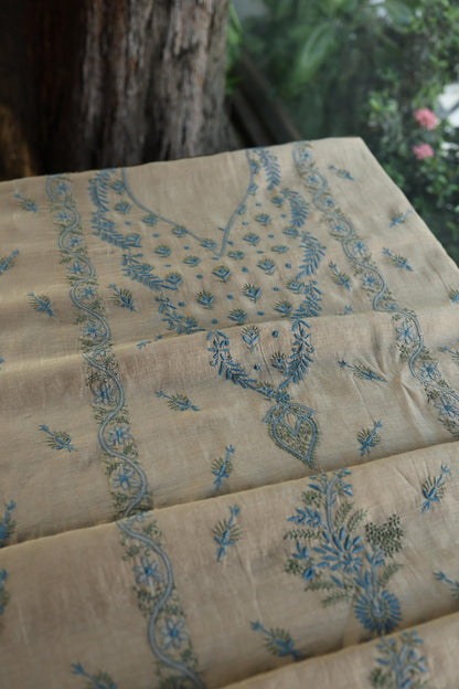 Beige & Blue Mul Chanderi Silk Kalamkari Unstitched Kurta Dupatta Set