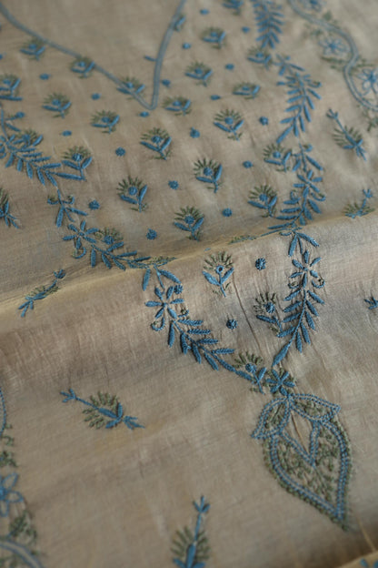 Beige & Blue Mul Chanderi Silk Kalamkari Unstitched Kurta Dupatta Set