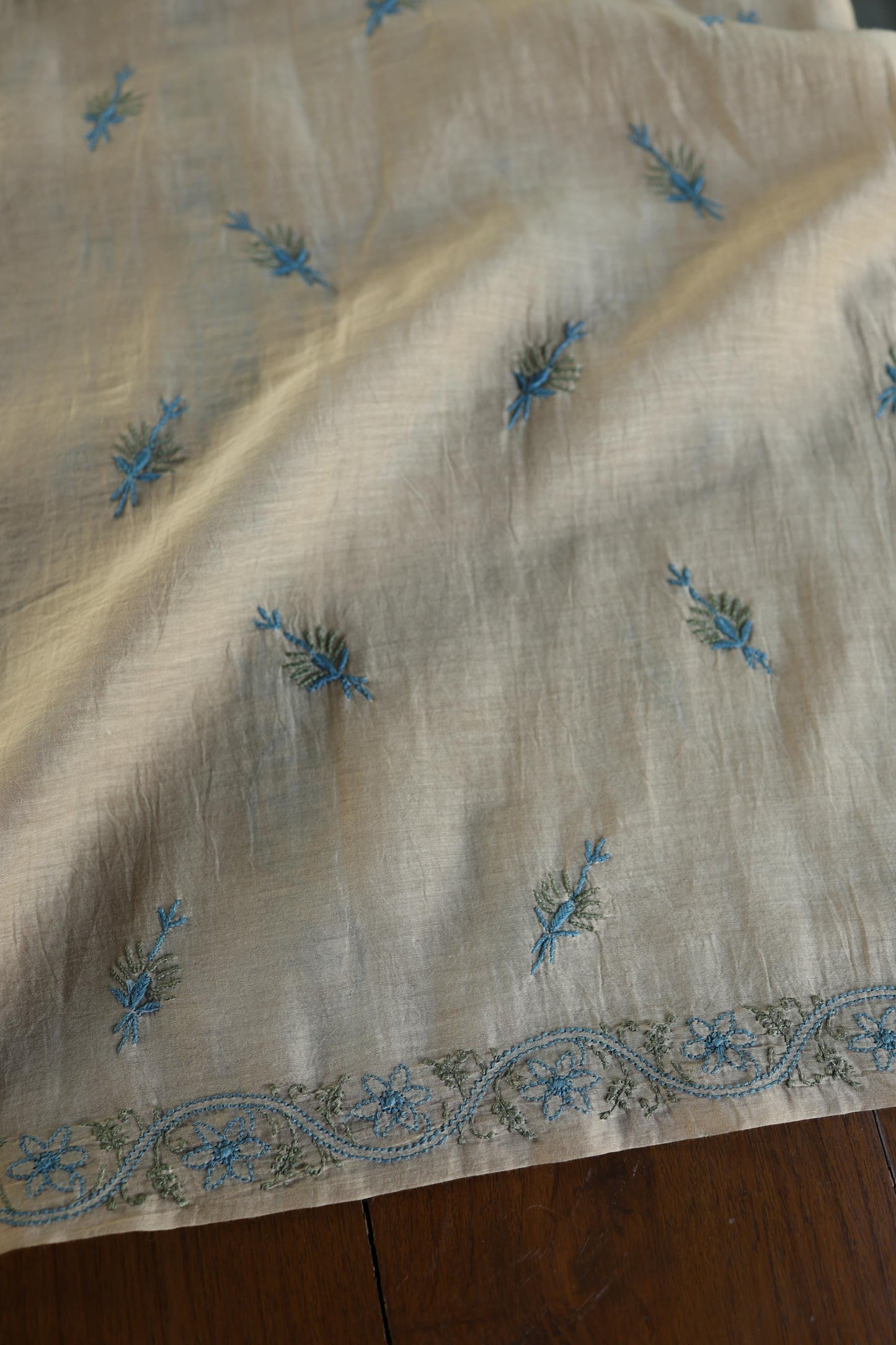 Beige & Blue Mul Chanderi Silk Kalamkari Unstitched Kurta Dupatta Set