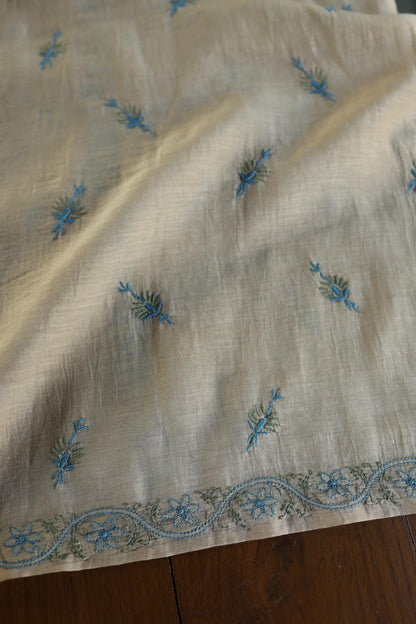 Beige & Blue Mul Chanderi Silk Kalamkari Unstitched Kurta Dupatta Set