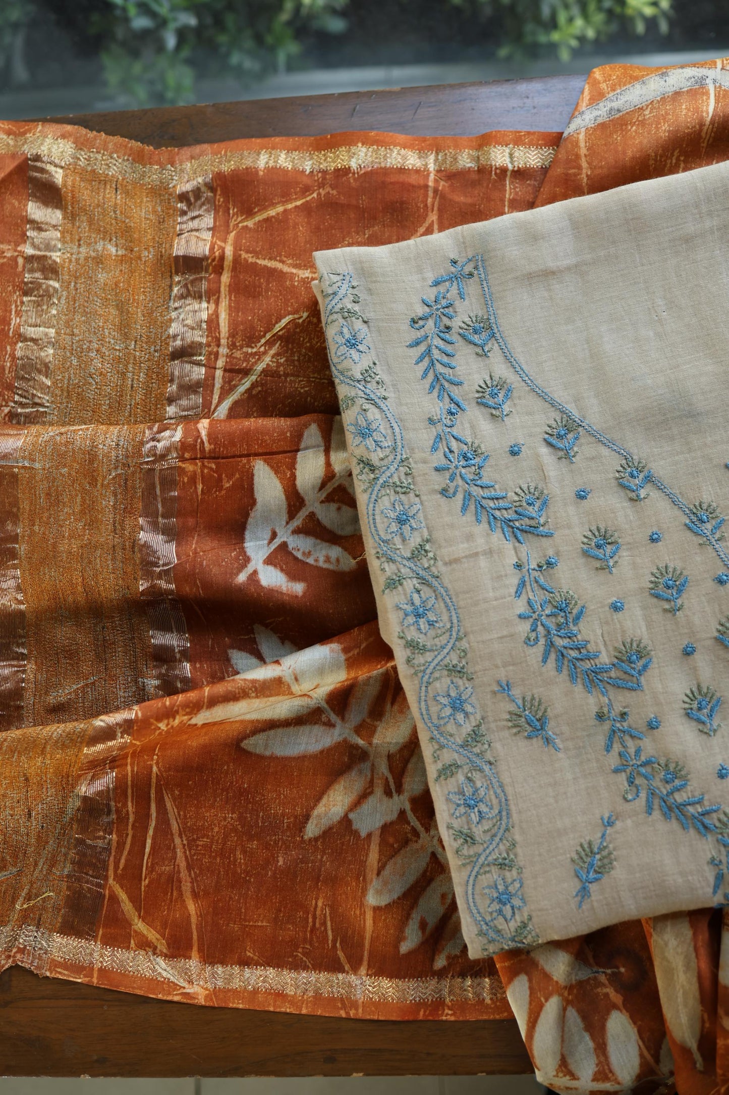 Beige & Blue Mul Chanderi Silk Kalamkari Unstitched Kurta Dupatta Set