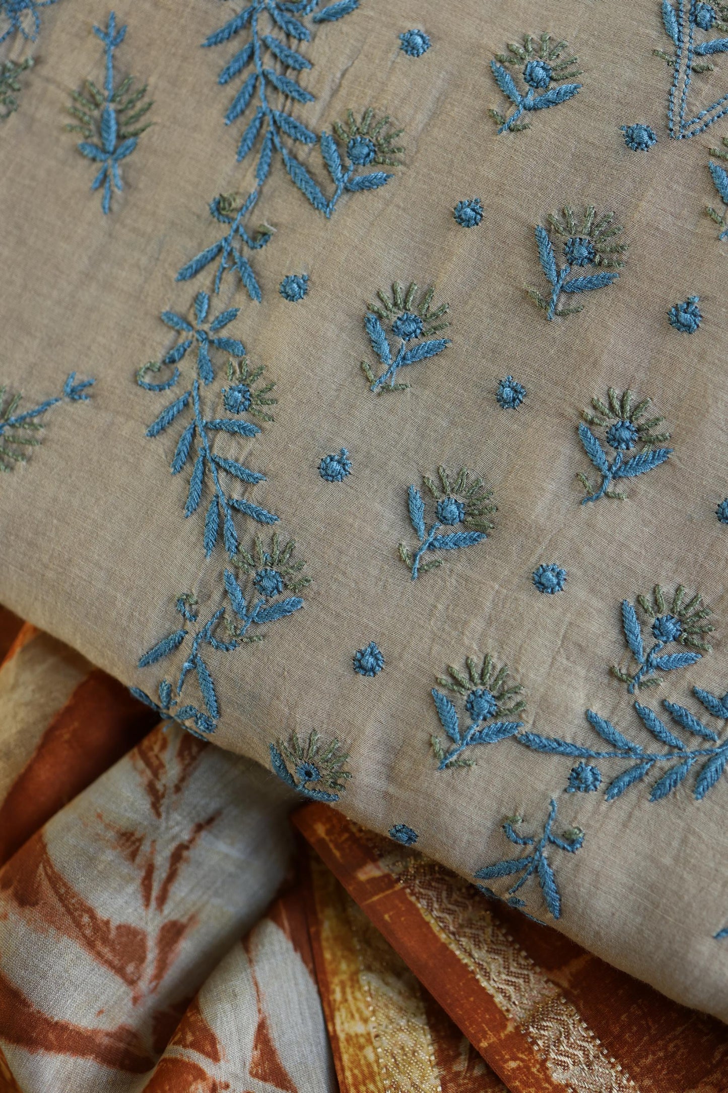 Beige & Blue Mul Chanderi Silk Kalamkari Unstitched Kurta Dupatta Set