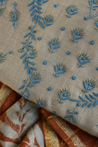 Beige & Blue Mul Chanderi Silk Kalamkari Unstitched Kurta Dupatta Set