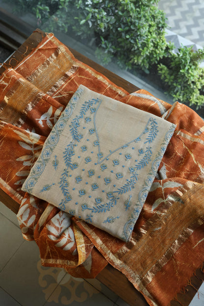 Beige & Blue Mul Chanderi Silk Kalamkari Unstitched Kurta Dupatta Set
