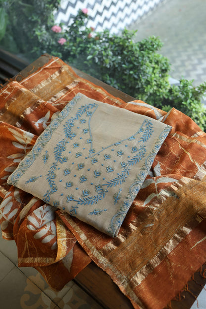 Beige & Blue Mul Chanderi Silk Kalamkari Unstitched Kurta Dupatta Set