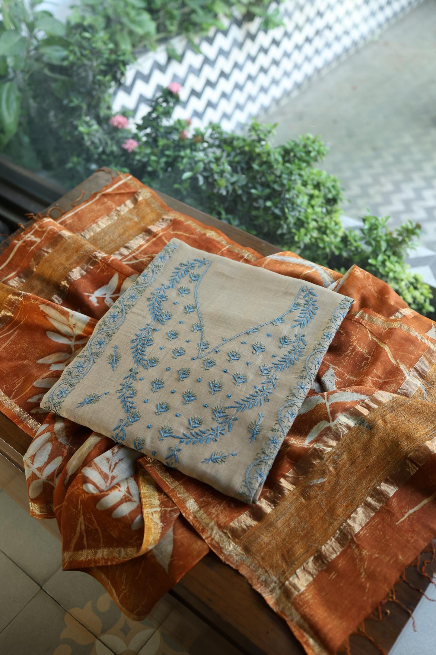 Beige & Blue Mul Chanderi Silk Kalamkari Unstitched Kurta Dupatta Set