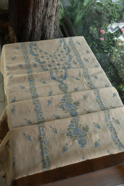 Beige & Blue Mul Chanderi Silk Kalamkari Unstitched Kurta Dupatta Set