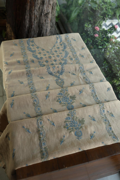 Beige & Blue Mul Chanderi Silk Kalamkari Unstitched Kurta Dupatta Set