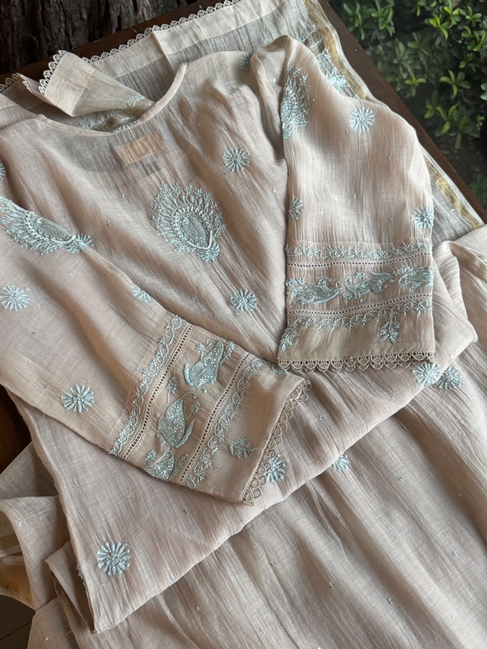 Beige & Blue Shade Malmal Straight Cut Chikankari Pearl & Sequins Kurta Set