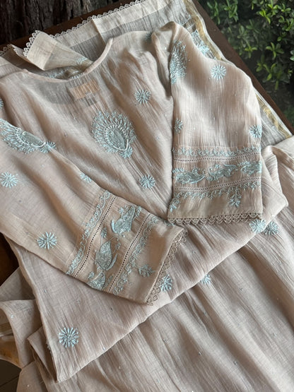 Beige & Blue Shade Malmal Straight Cut Chikankari Pearl & Sequins Kurta Set