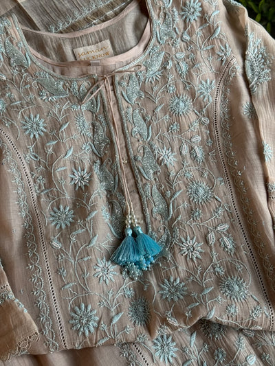 Beige & Blue Shade Malmal Straight Cut Chikankari Pearl & Sequins Kurta Set