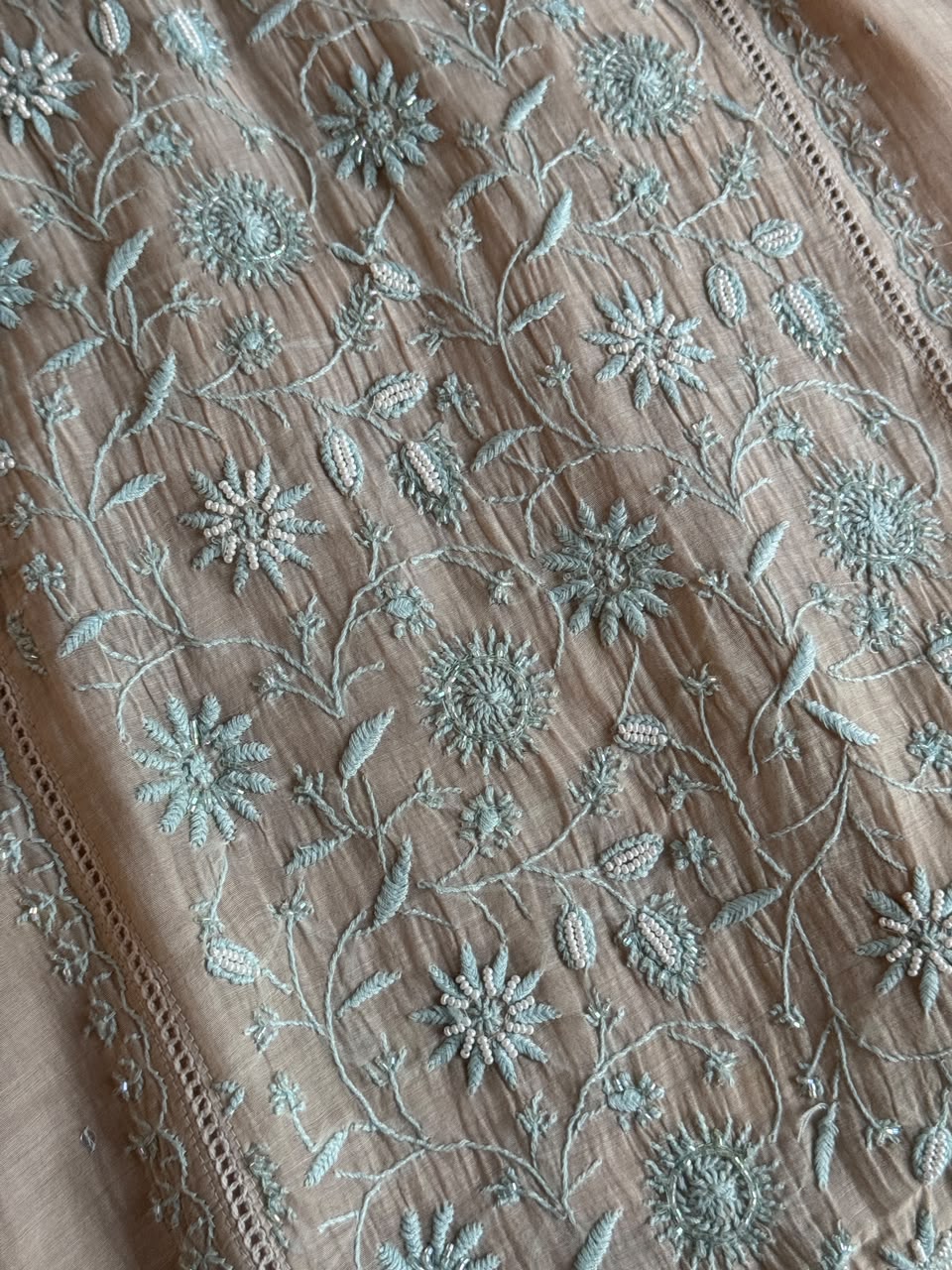 Beige & Blue Shade Malmal Straight Cut Chikankari Pearl & Sequins Kurta Set