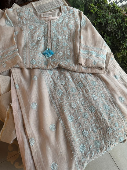Beige & Blue Shade Malmal Straight Cut Chikankari Pearl & Sequins Kurta Set