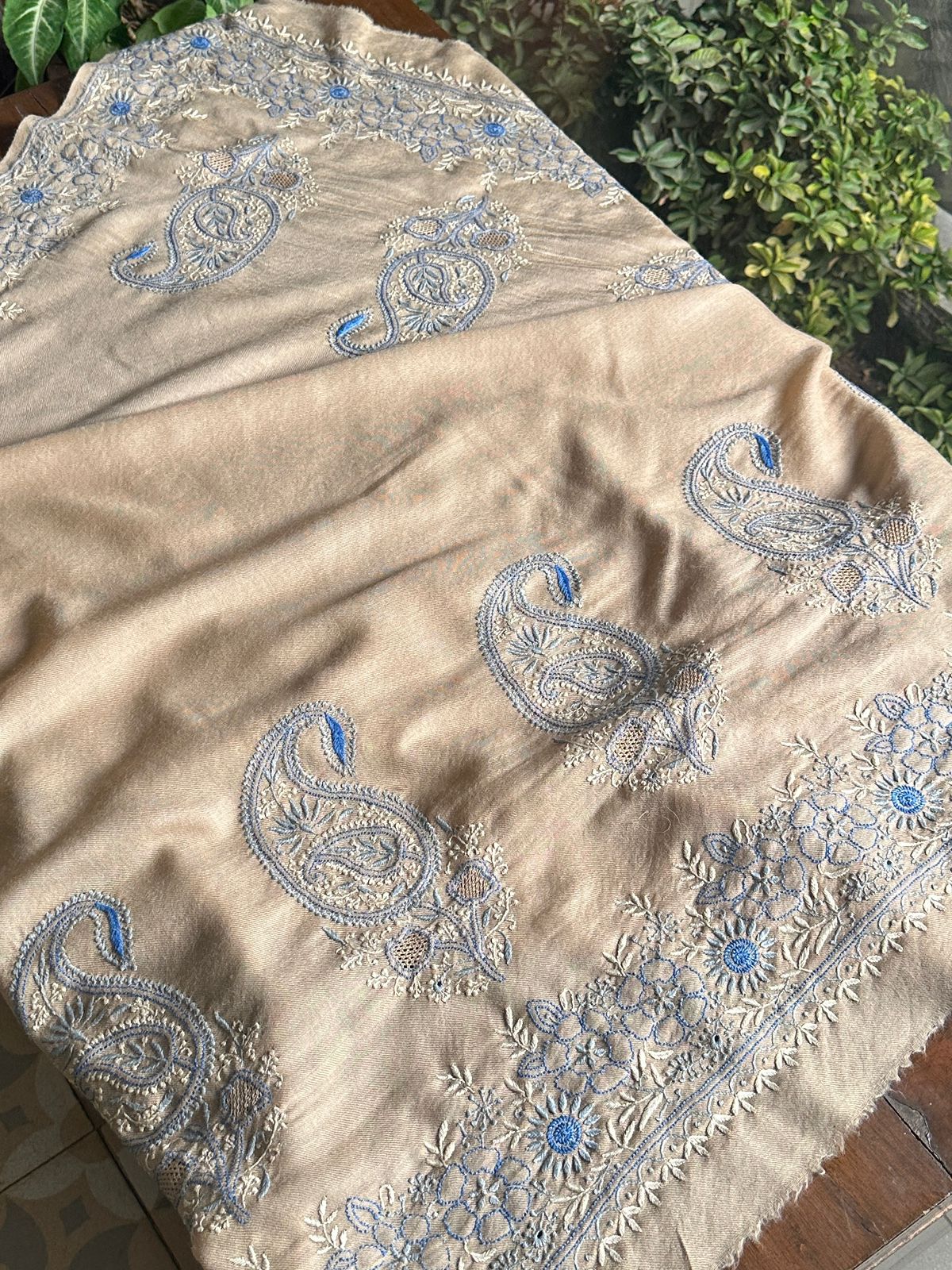 Beige & Blue Shade Saman Pashmina Fine Chikankari Shawl