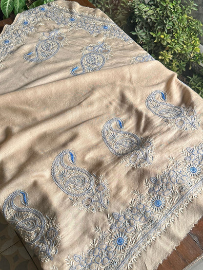 Beige & Blue Shade Saman Pashmina Fine Chikankari Shawl