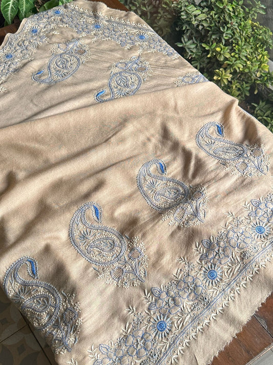 Beige & Blue Shade Saman Pashmina Fine Chikankari Shawl
