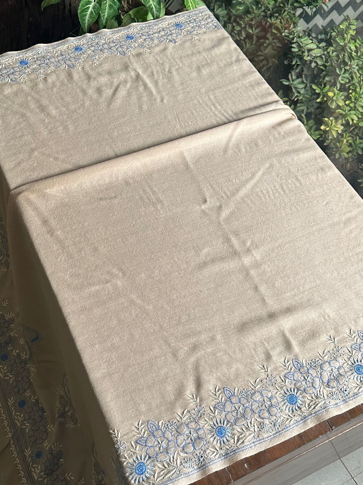 Beige & Blue Shade Saman Pashmina Fine Chikankari Shawl