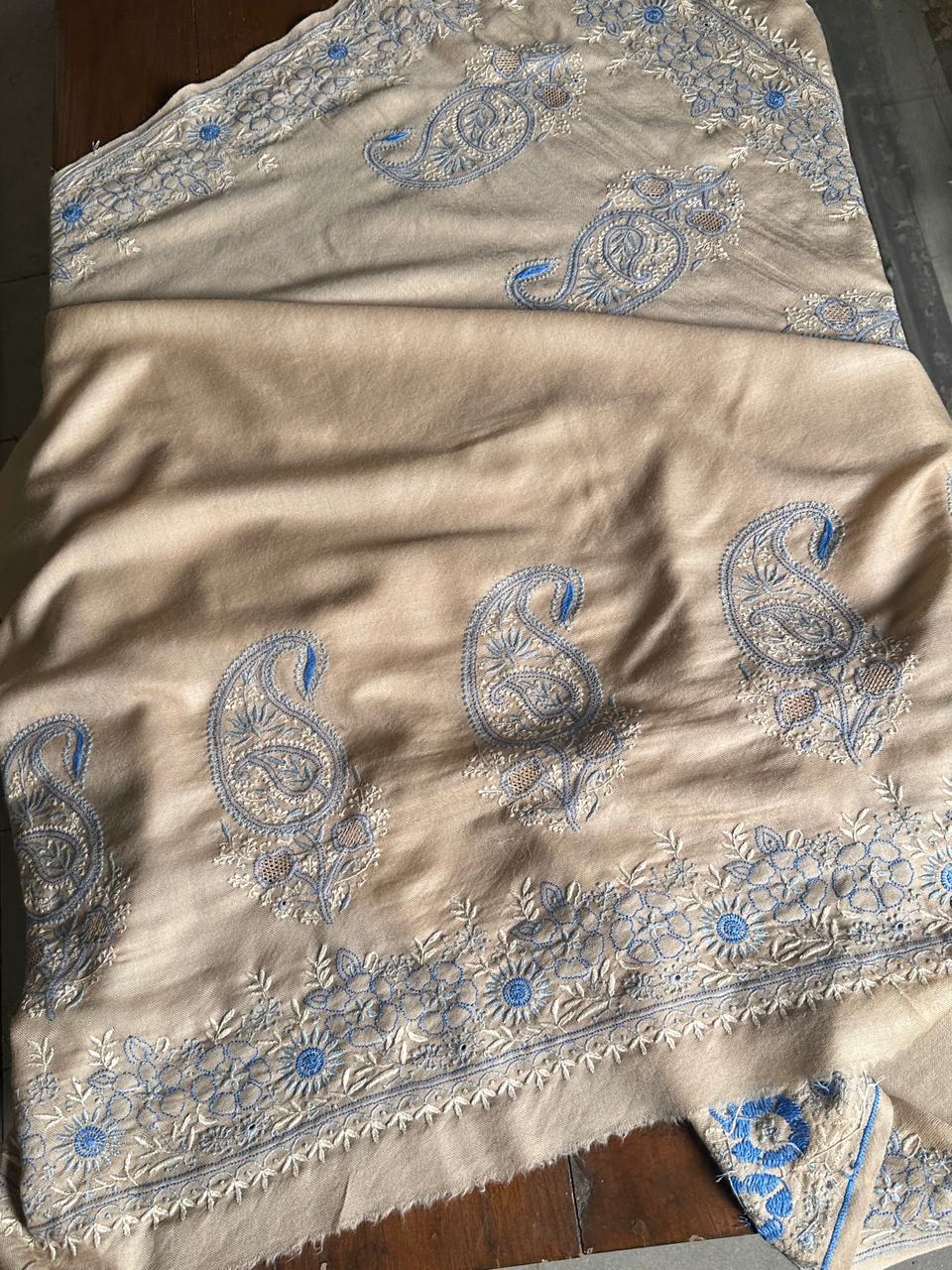 Beige & Blue Shade Saman Pashmina Fine Chikankari Shawl