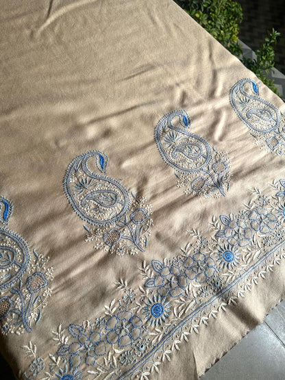 Beige & Blue Shade Saman Pashmina Fine Chikankari Shawl