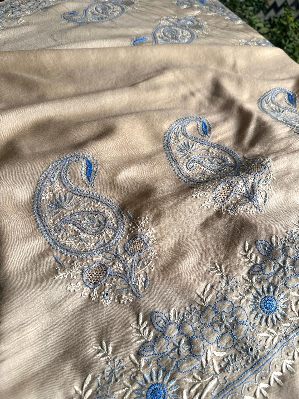 Beige & Blue Shade Saman Pashmina Fine Chikankari Shawl