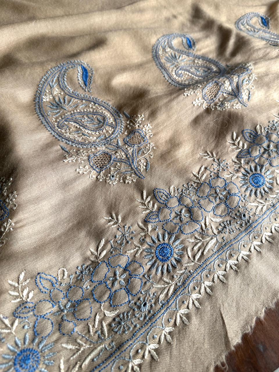Beige & Blue Shade Saman Pashmina Fine Chikankari Shawl